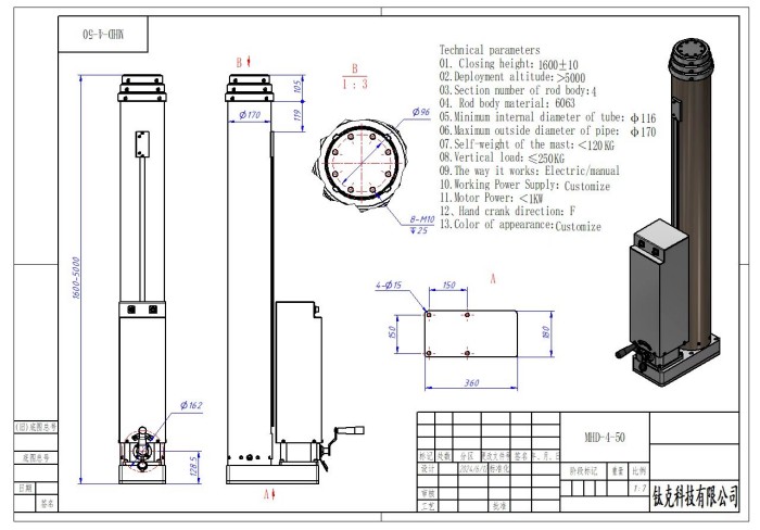 Spindle rope driven telescopic mast