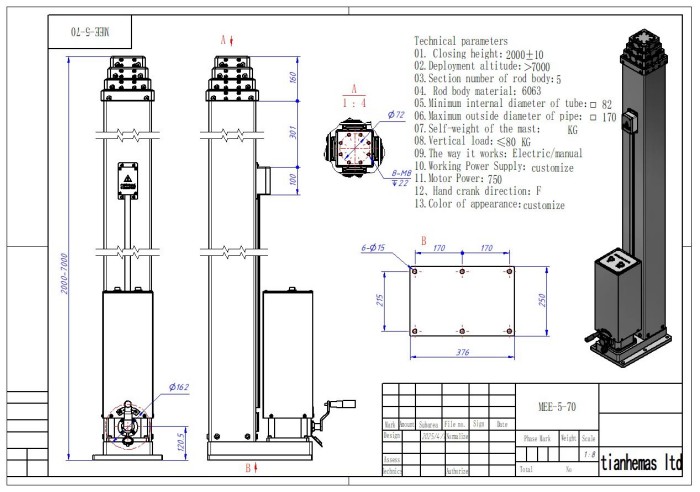 Spindle rope driven telescopic mast