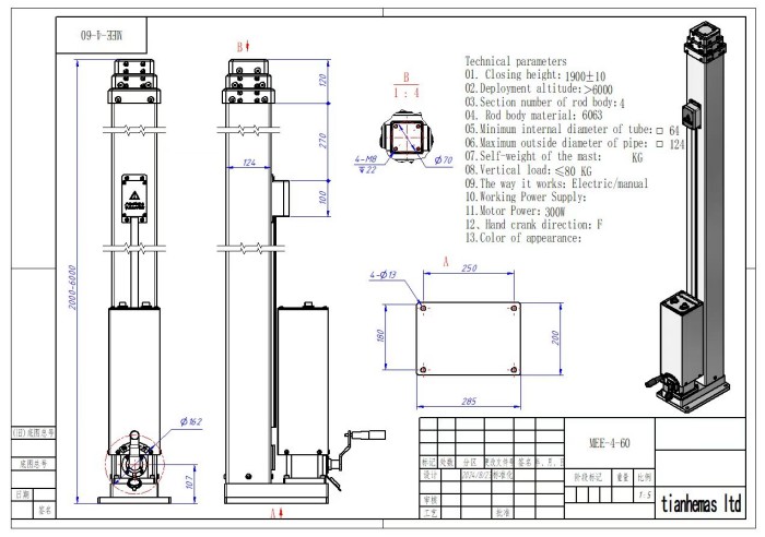 Spindle rope driven telescopic mast