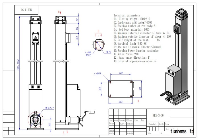 Spindle rope driven telescopic mast